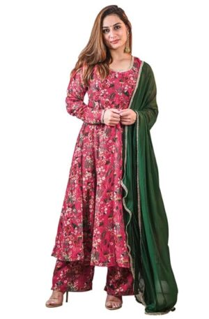 Janasya Women's Pink Georgette Floral Kurta