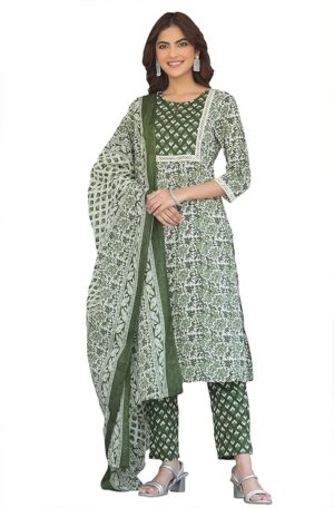 Janasya Women's Olive Cotton Chevron Kurta