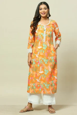 Orange LIVA Straight Kurta